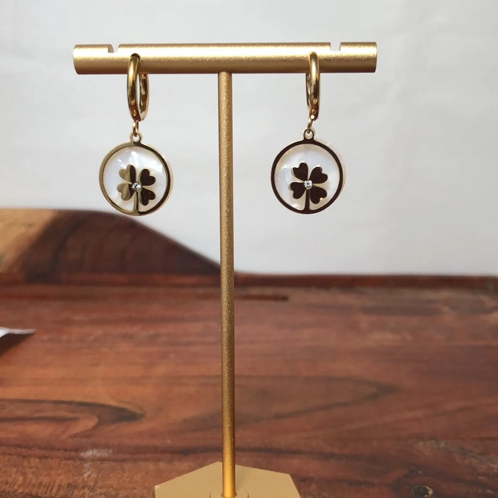 New gold-plated titanium steel four-leaf clover drop earrings women’s jewelry